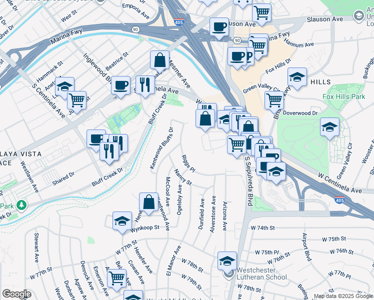 map of restaurants, bars, coffee shops, grocery stores, and more near 6443 Riggs Place in Los Angeles