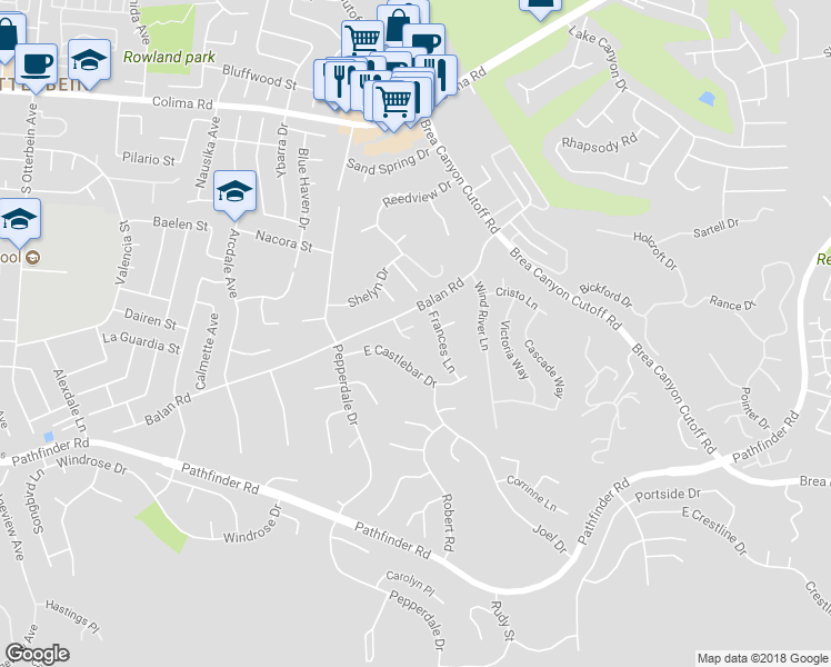 map of restaurants, bars, coffee shops, grocery stores, and more near 2122 Meteora Way in Rowland Heights
