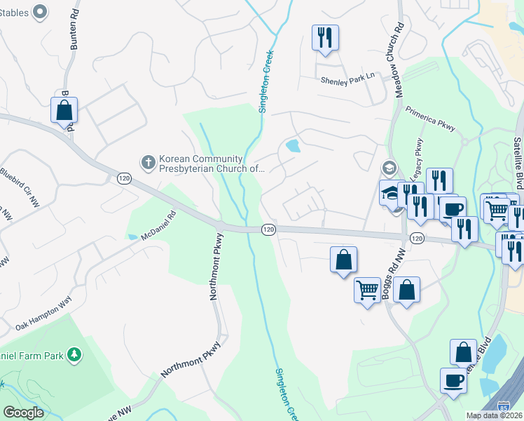 map of restaurants, bars, coffee shops, grocery stores, and more near 2807 Staunton Drive in Duluth