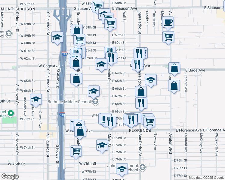 map of restaurants, bars, coffee shops, grocery stores, and more near 108 East 66th Street in Los Angeles