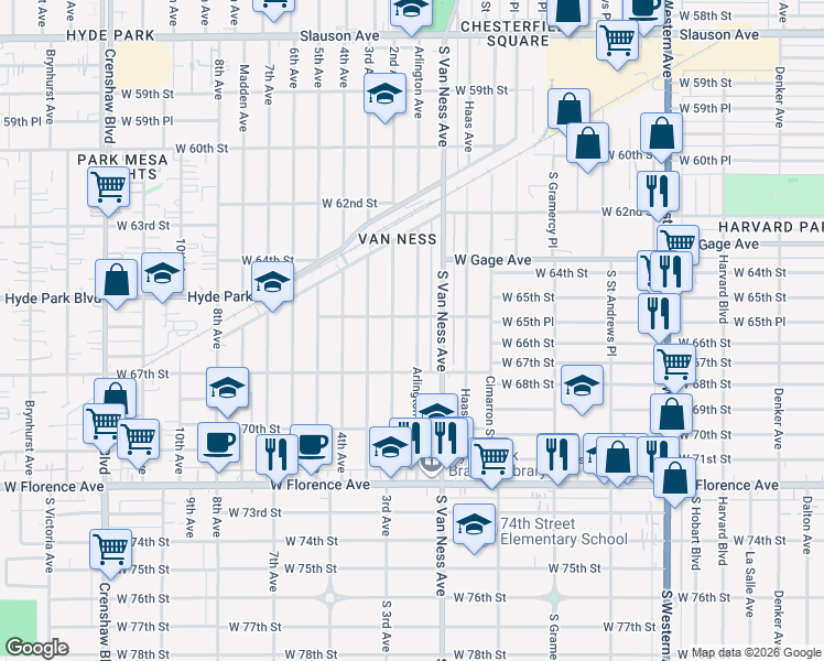 map of restaurants, bars, coffee shops, grocery stores, and more near 6565 Arlington Avenue in Los Angeles