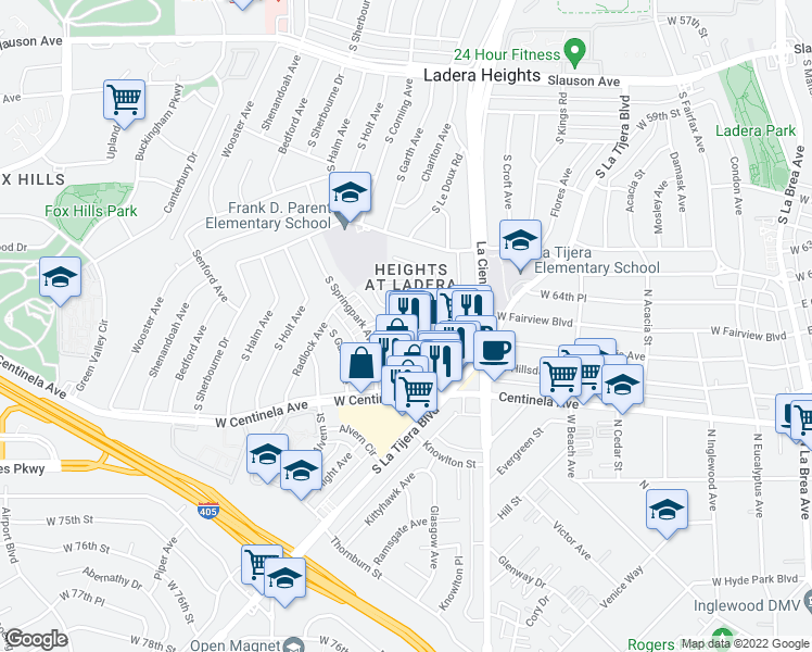 map of restaurants, bars, coffee shops, grocery stores, and more near 5346 Fairview Boulevard in Los Angeles