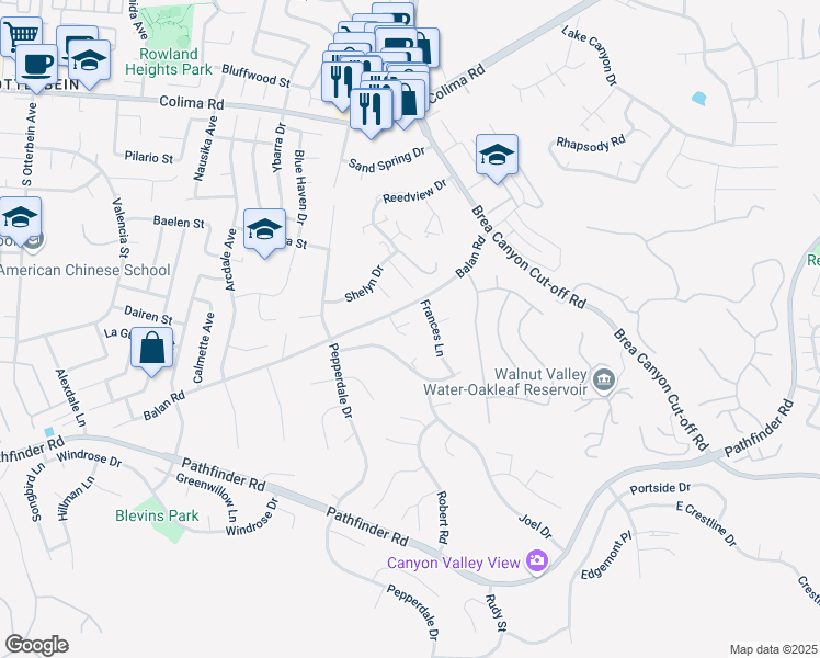 map of restaurants, bars, coffee shops, grocery stores, and more near 2122 Meteora Way in Rowland Heights