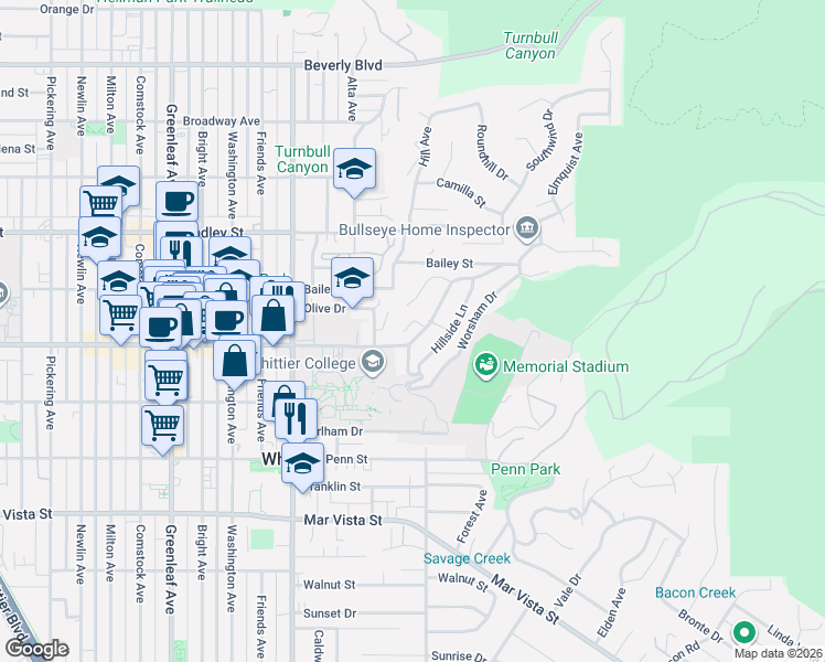 map of restaurants, bars, coffee shops, grocery stores, and more near 13707 Philadelphia Street in Whittier