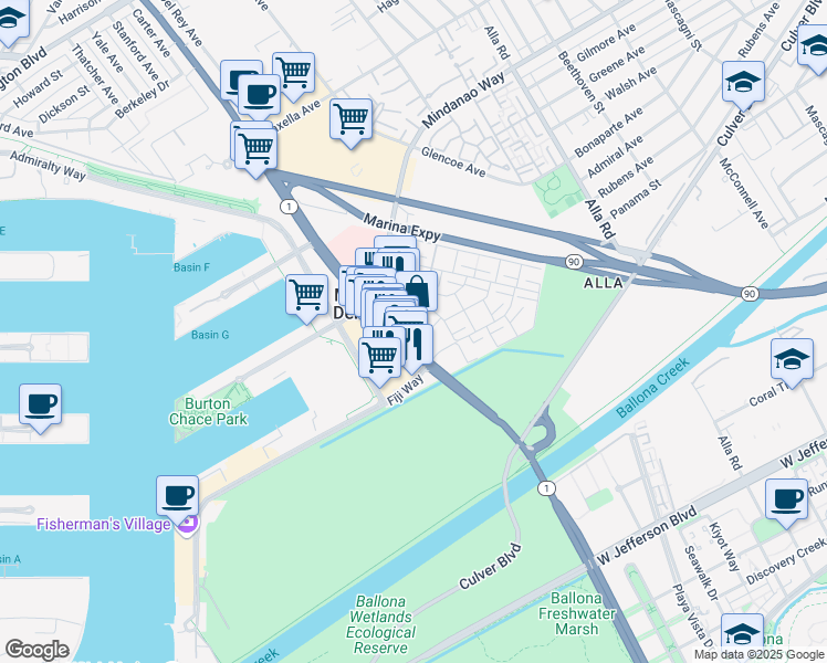 map of restaurants, bars, coffee shops, grocery stores, and more near 4750 California 1 in Marina del Rey