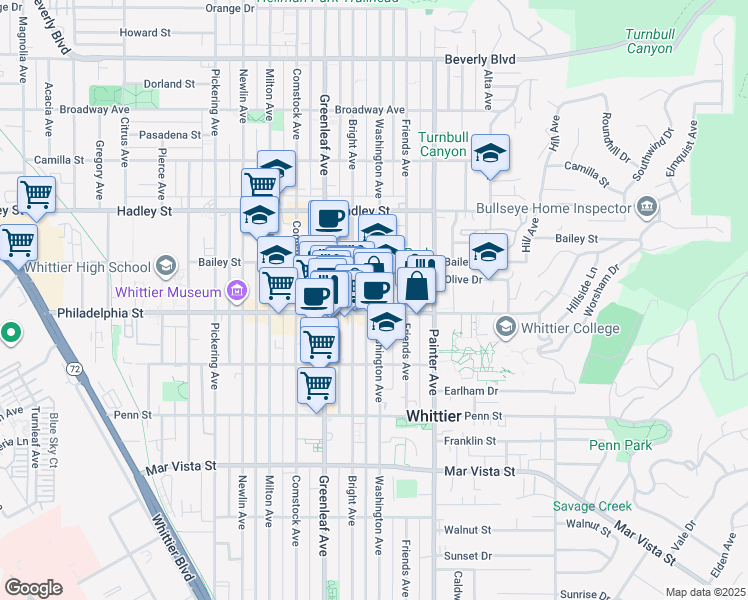 map of restaurants, bars, coffee shops, grocery stores, and more near 6745 Washington Avenue in Whittier