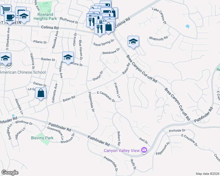 map of restaurants, bars, coffee shops, grocery stores, and more near 2122 Meteora Way in Rowland Heights