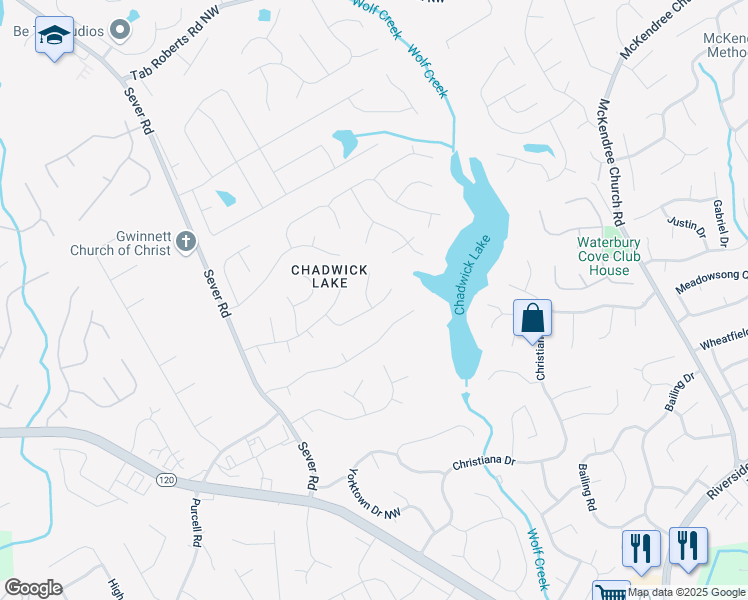 map of restaurants, bars, coffee shops, grocery stores, and more near 1274 Ridge Vista Court Northwest in Lawrenceville