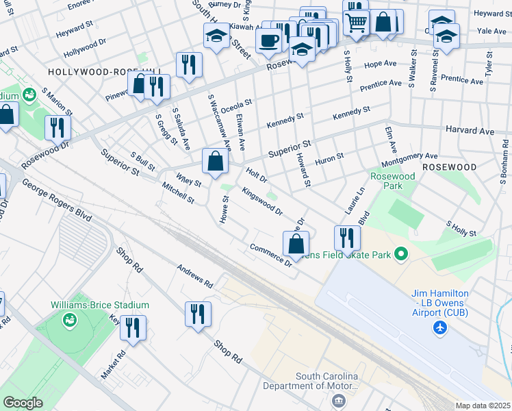 map of restaurants, bars, coffee shops, grocery stores, and more near 2302 Kingswood Drive in Columbia