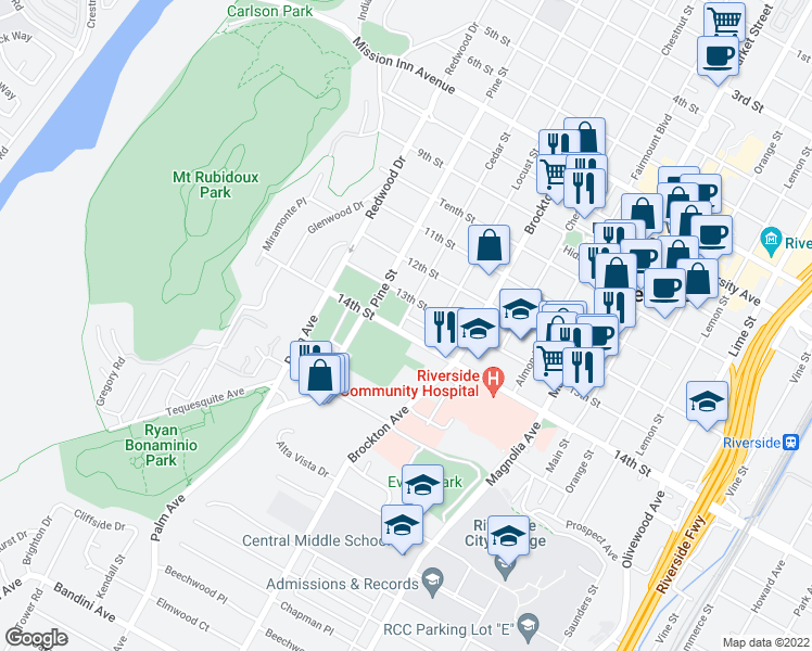 map of restaurants, bars, coffee shops, grocery stores, and more near 4290 El Dorado Street in Riverside