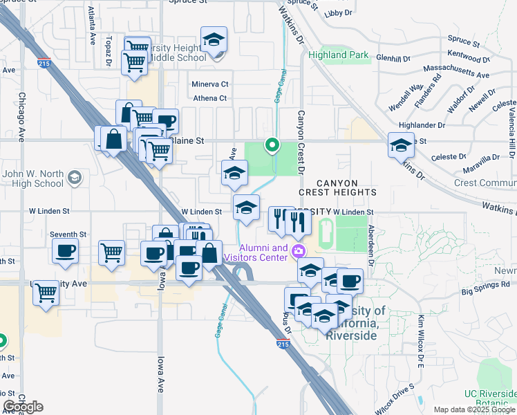 map of restaurants, bars, coffee shops, grocery stores, and more near 1013 West Linden Street in Riverside