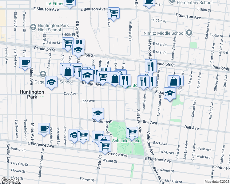 map of restaurants, bars, coffee shops, grocery stores, and more near 6501 Hollenbeck Street in Huntington Park