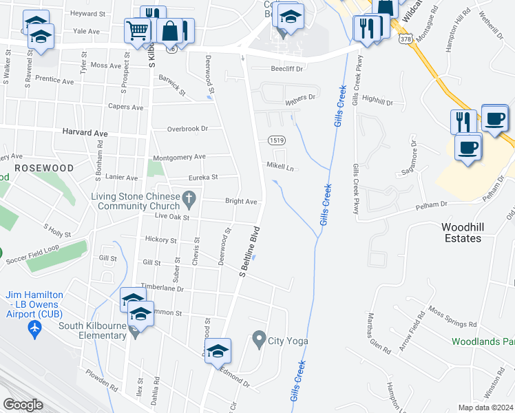 map of restaurants, bars, coffee shops, grocery stores, and more near 4048 Bright Avenue in Columbia