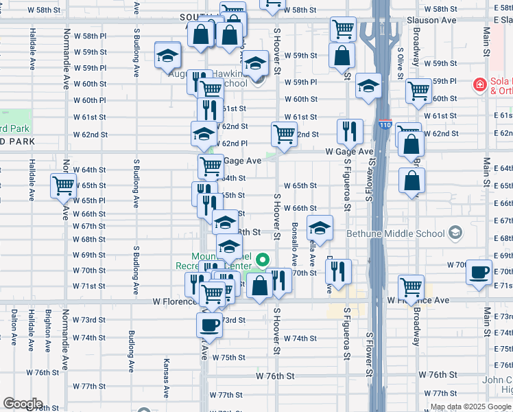 map of restaurants, bars, coffee shops, grocery stores, and more near 833 West 66th Street in Los Angeles