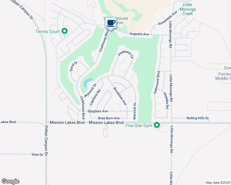 map of restaurants, bars, coffee shops, grocery stores, and more near 9551 Brookline Avenue in Desert Hot Springs