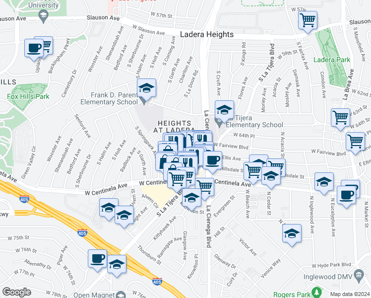 map of restaurants, bars, coffee shops, grocery stores, and more near 5300 Fairview Boulevard in Los Angeles