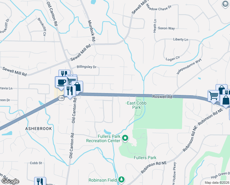 map of restaurants, bars, coffee shops, grocery stores, and more near 1227 Pemshire Ct NE in Marietta