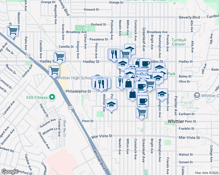 map of restaurants, bars, coffee shops, grocery stores, and more near 6747 Pickering Avenue in Whittier