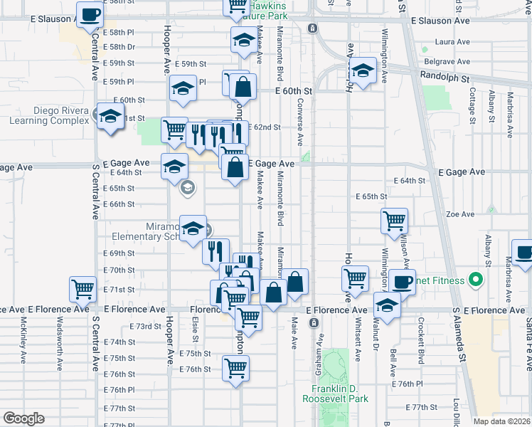 map of restaurants, bars, coffee shops, grocery stores, and more near 6614 Makee Avenue in Los Angeles
