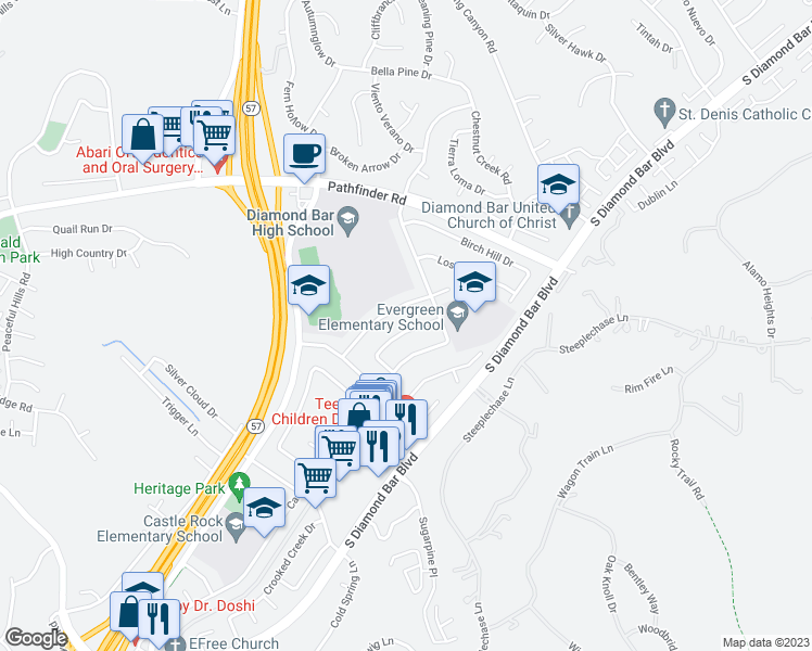 map of restaurants, bars, coffee shops, grocery stores, and more near 2463 Harmony Hill Drive in Diamond Bar