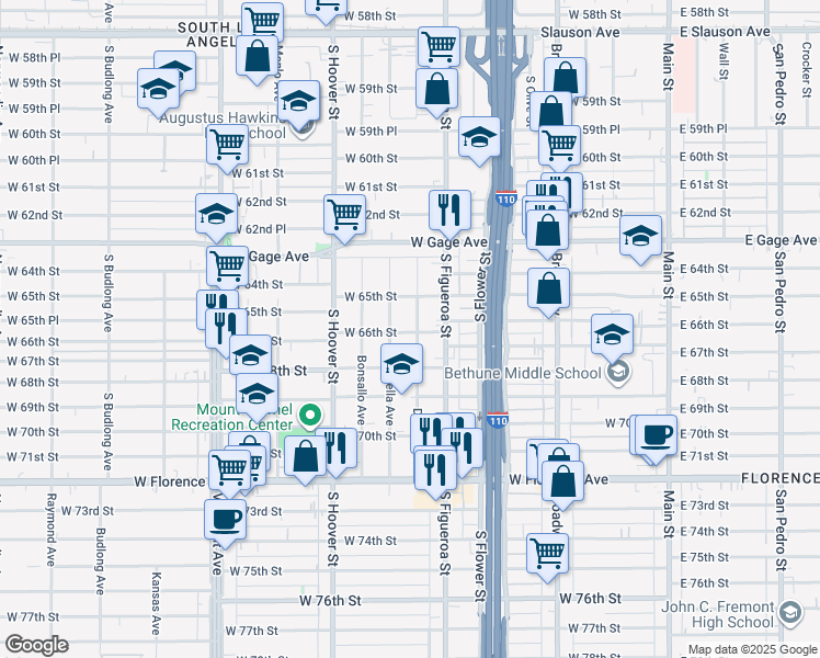 map of restaurants, bars, coffee shops, grocery stores, and more near 6535 Denver Avenue in Los Angeles