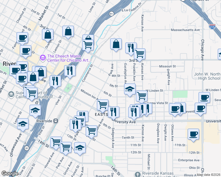map of restaurants, bars, coffee shops, grocery stores, and more near 2526 5th Street in Riverside