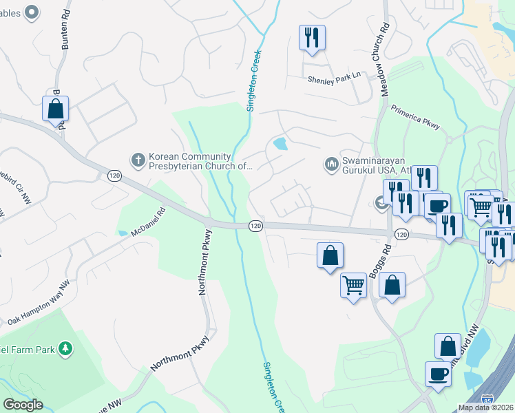 map of restaurants, bars, coffee shops, grocery stores, and more near 2826 Staunton Drive in Duluth