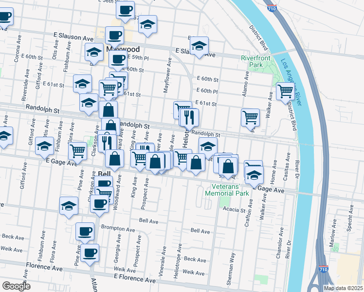 map of restaurants, bars, coffee shops, grocery stores, and more near 6235 Heliotrope Avenue in Bell