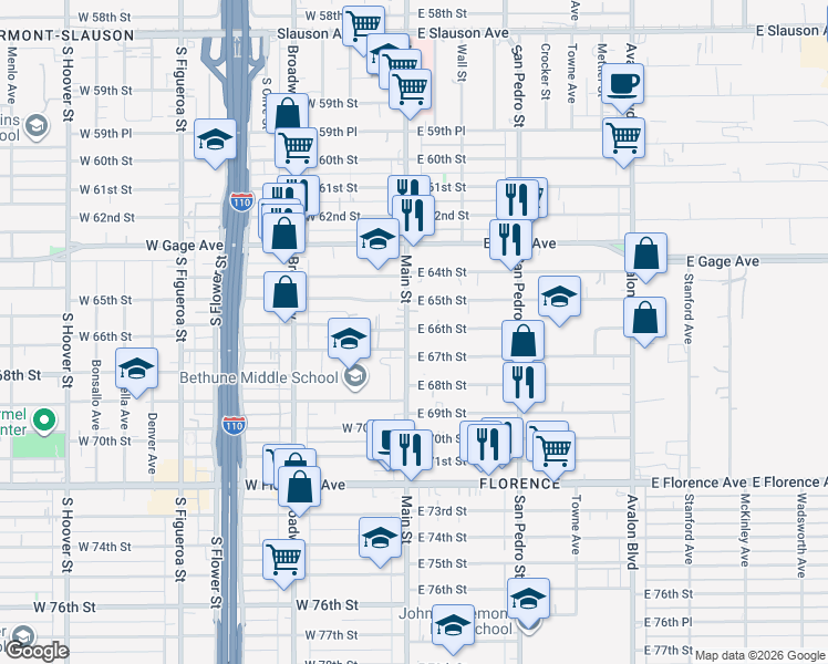 map of restaurants, bars, coffee shops, grocery stores, and more near 108 East 66th Street in Los Angeles
