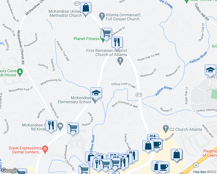 map of restaurants, bars, coffee shops, grocery stores, and more near 660 Oxford Crest Court Northwest in Lawrenceville