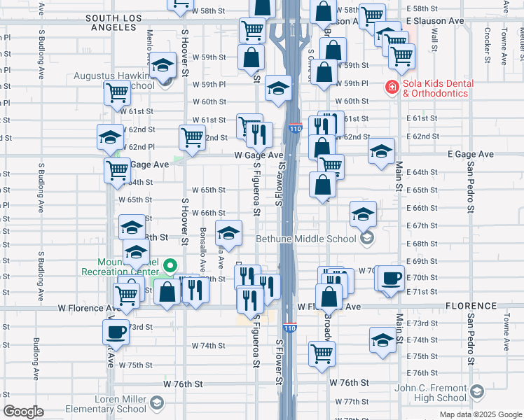 map of restaurants, bars, coffee shops, grocery stores, and more near 6600 South Figueroa Street in Los Angeles
