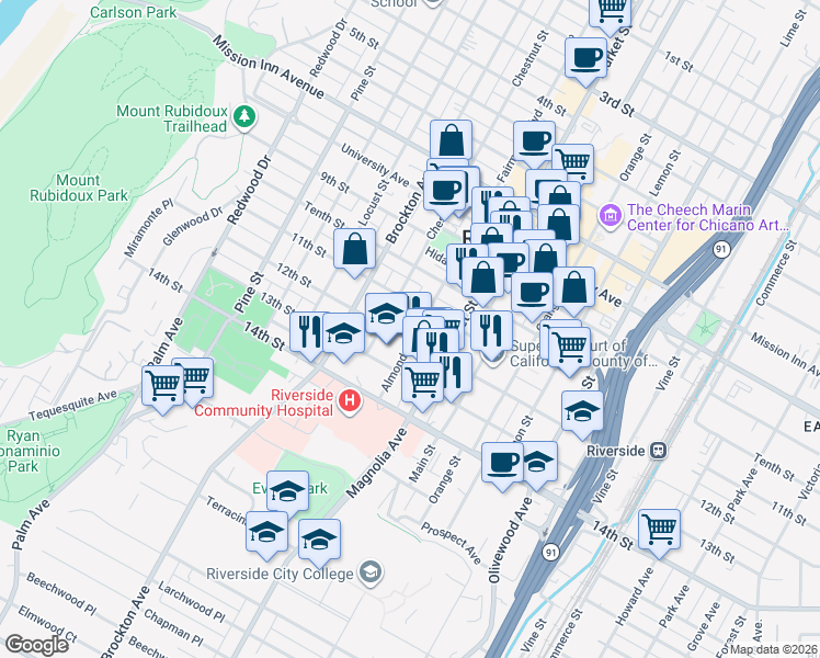 map of restaurants, bars, coffee shops, grocery stores, and more near 4177 Almond Street in Riverside
