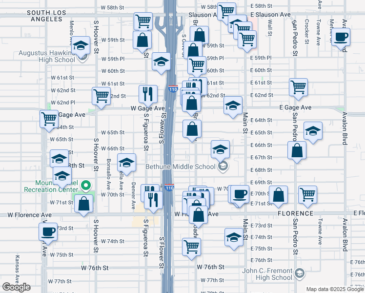 map of restaurants, bars, coffee shops, grocery stores, and more near 332 W 66th St in Los Angeles