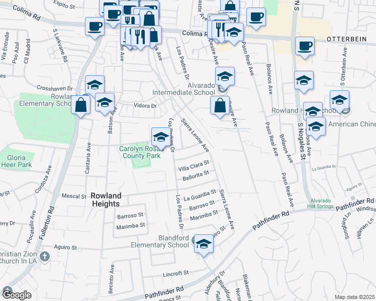 map of restaurants, bars, coffee shops, grocery stores, and more near 18632 Galatina Street in Rowland Heights