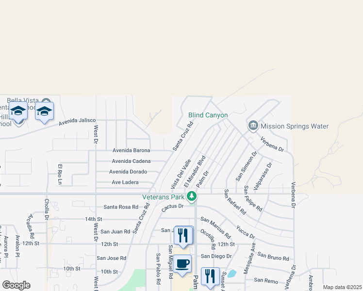 map of restaurants, bars, coffee shops, grocery stores, and more near 9500 Santa Cruz Road in Desert Hot Springs