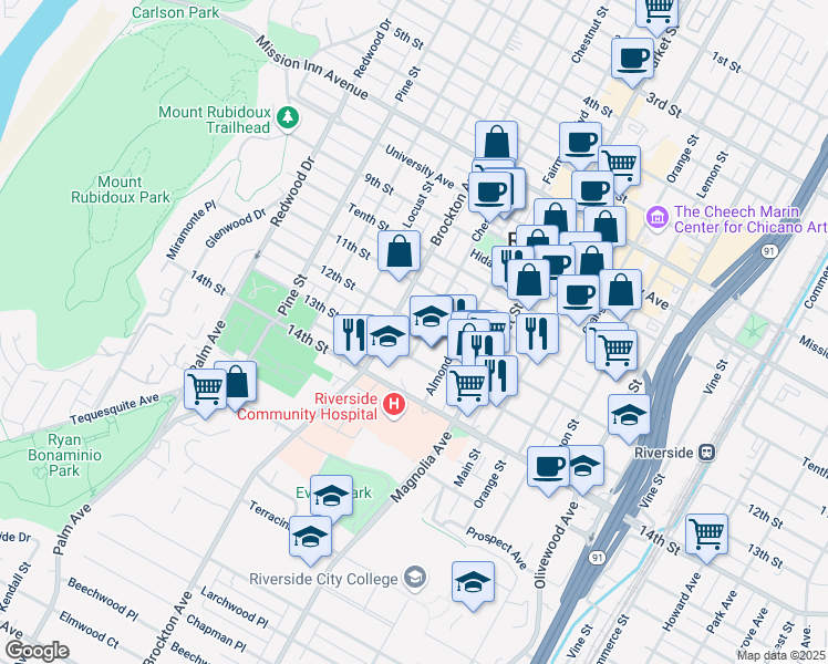 map of restaurants, bars, coffee shops, grocery stores, and more near 4024 12th Street in Riverside