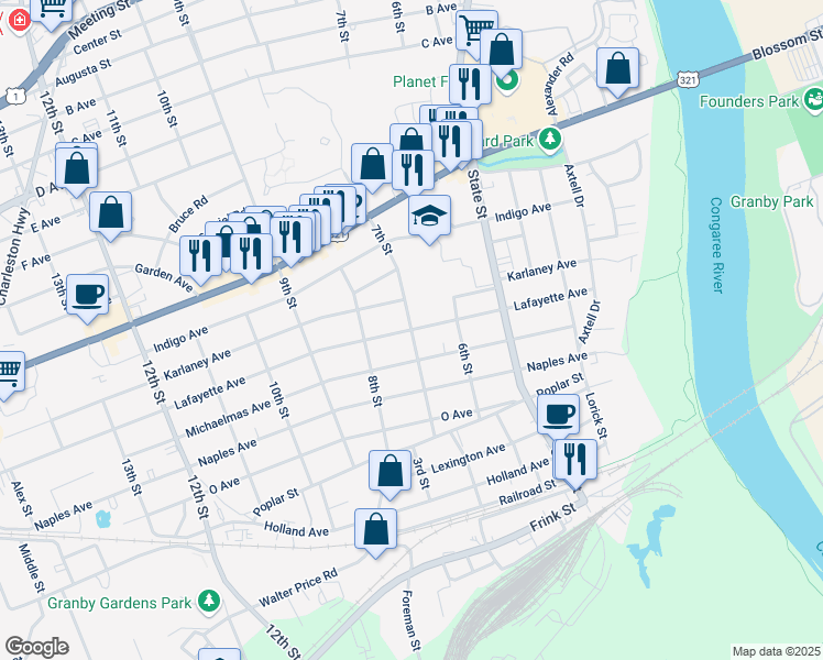 map of restaurants, bars, coffee shops, grocery stores, and more near 7th Street in Cayce