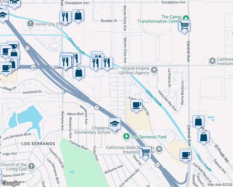map of restaurants, bars, coffee shops, grocery stores, and more near 15050 Monte Vista Avenue in Chino Hills