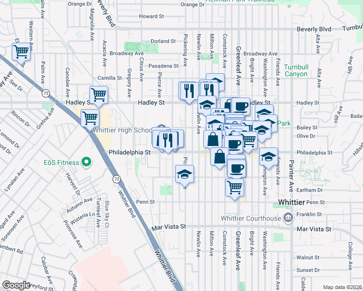 map of restaurants, bars, coffee shops, grocery stores, and more near 6749 Pickering Avenue in Whittier