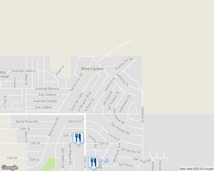 map of restaurants, bars, coffee shops, grocery stores, and more near 9515 Valencia Drive in Desert Hot Springs