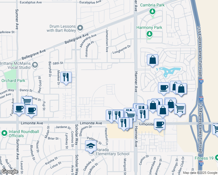 map of restaurants, bars, coffee shops, grocery stores, and more near 12781 Sila Way in Eastvale