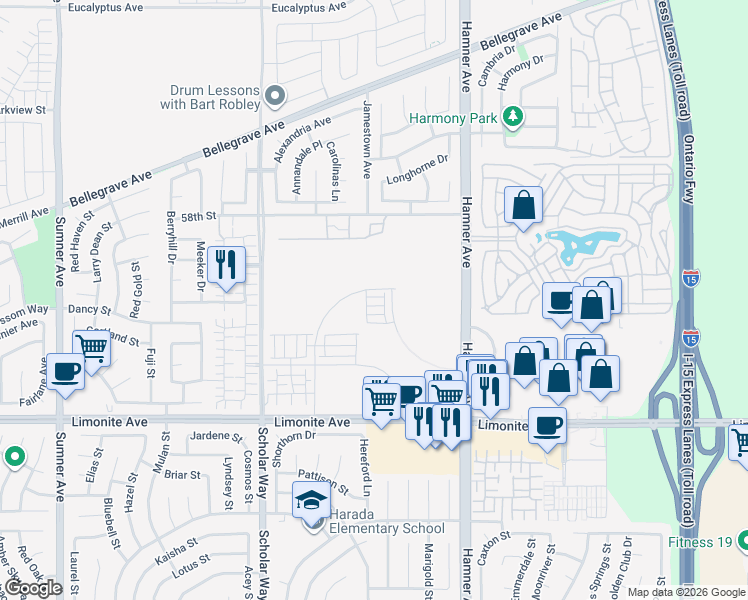 map of restaurants, bars, coffee shops, grocery stores, and more near 12781 Sila Way in Eastvale