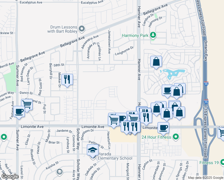 map of restaurants, bars, coffee shops, grocery stores, and more near 12777 Sila Way in Eastvale