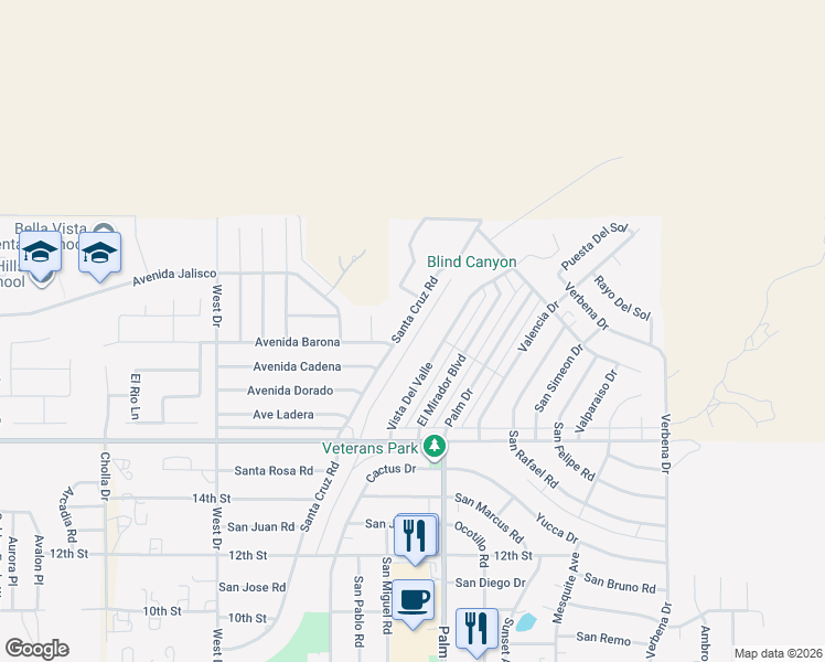 map of restaurants, bars, coffee shops, grocery stores, and more near 9577 Vista Del Valle in Desert Hot Springs