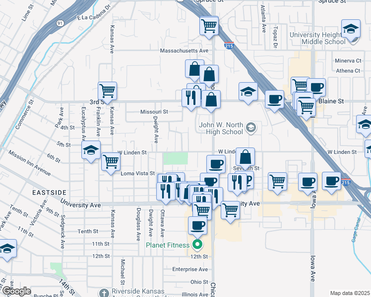 map of restaurants, bars, coffee shops, grocery stores, and more near 3486 Anderson Avenue in Riverside