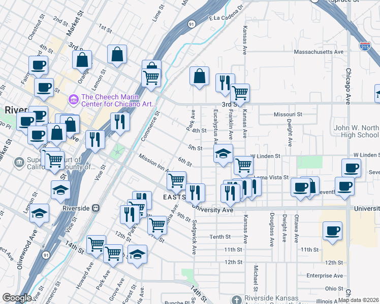 map of restaurants, bars, coffee shops, grocery stores, and more near 2526 5th Street in Riverside