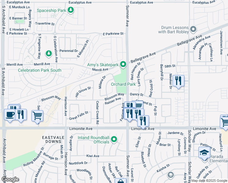 map of restaurants, bars, coffee shops, grocery stores, and more near 6004 Golden Nectar Court in Corona