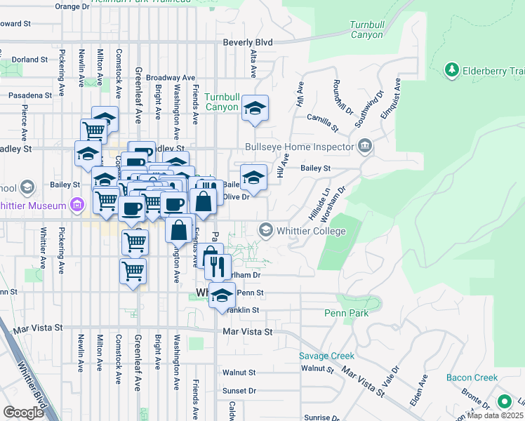 map of restaurants, bars, coffee shops, grocery stores, and more near in Whittier