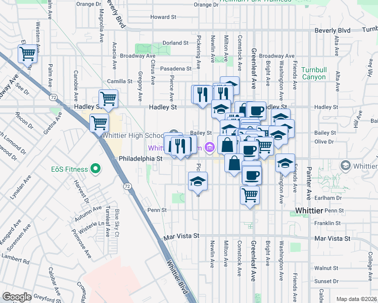map of restaurants, bars, coffee shops, grocery stores, and more near in Whittier