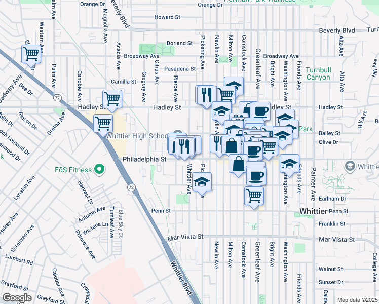 map of restaurants, bars, coffee shops, grocery stores, and more near in Whittier